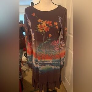 Desigual Floral Wave Print Long Sleeve Dress in Deep Plum
